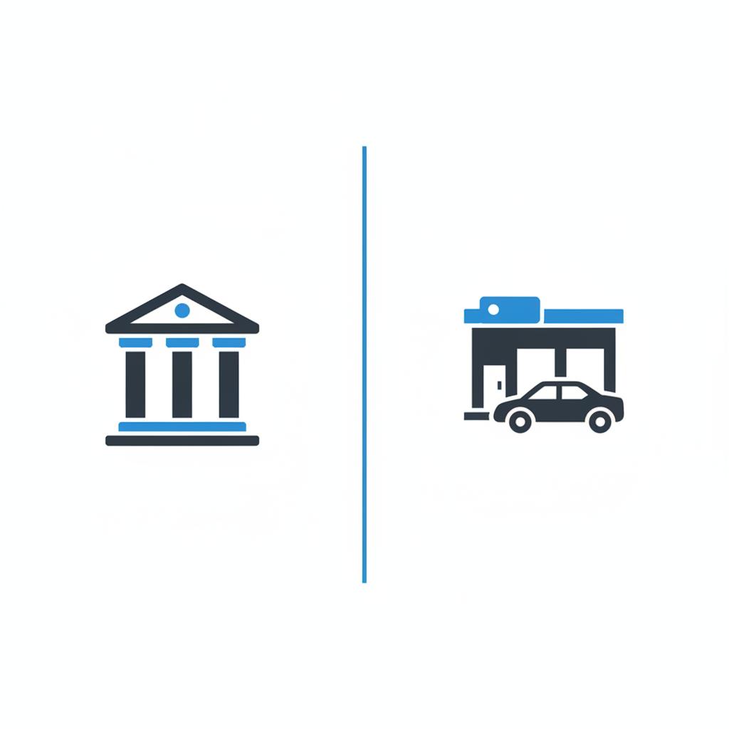 Split screen flat vector showing a credit union building and a dealership office in minimalist CarFax Deals colors white ffffff blue 3666ed dark 010205 comparing services usedcar dealerships near me