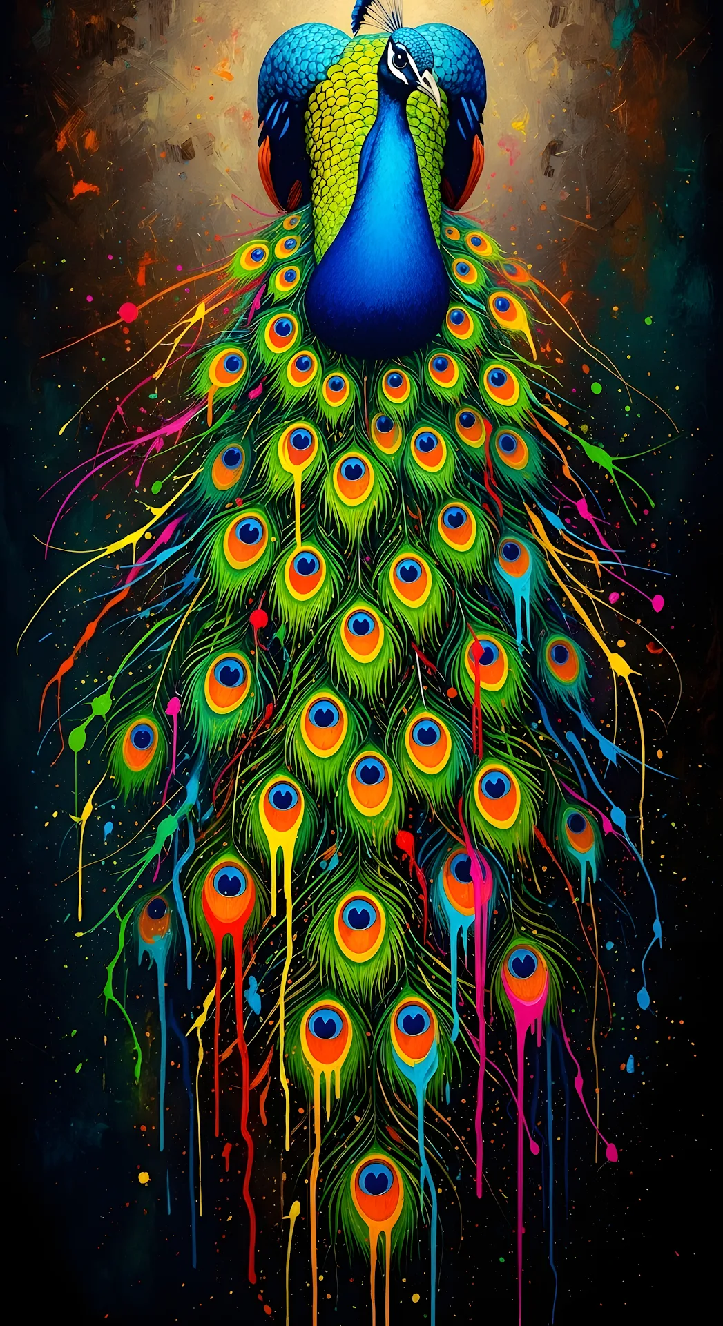 Vibrant Paint Drip Peacock Feathers Abstract Art - Free 4K mobile Wallpaper