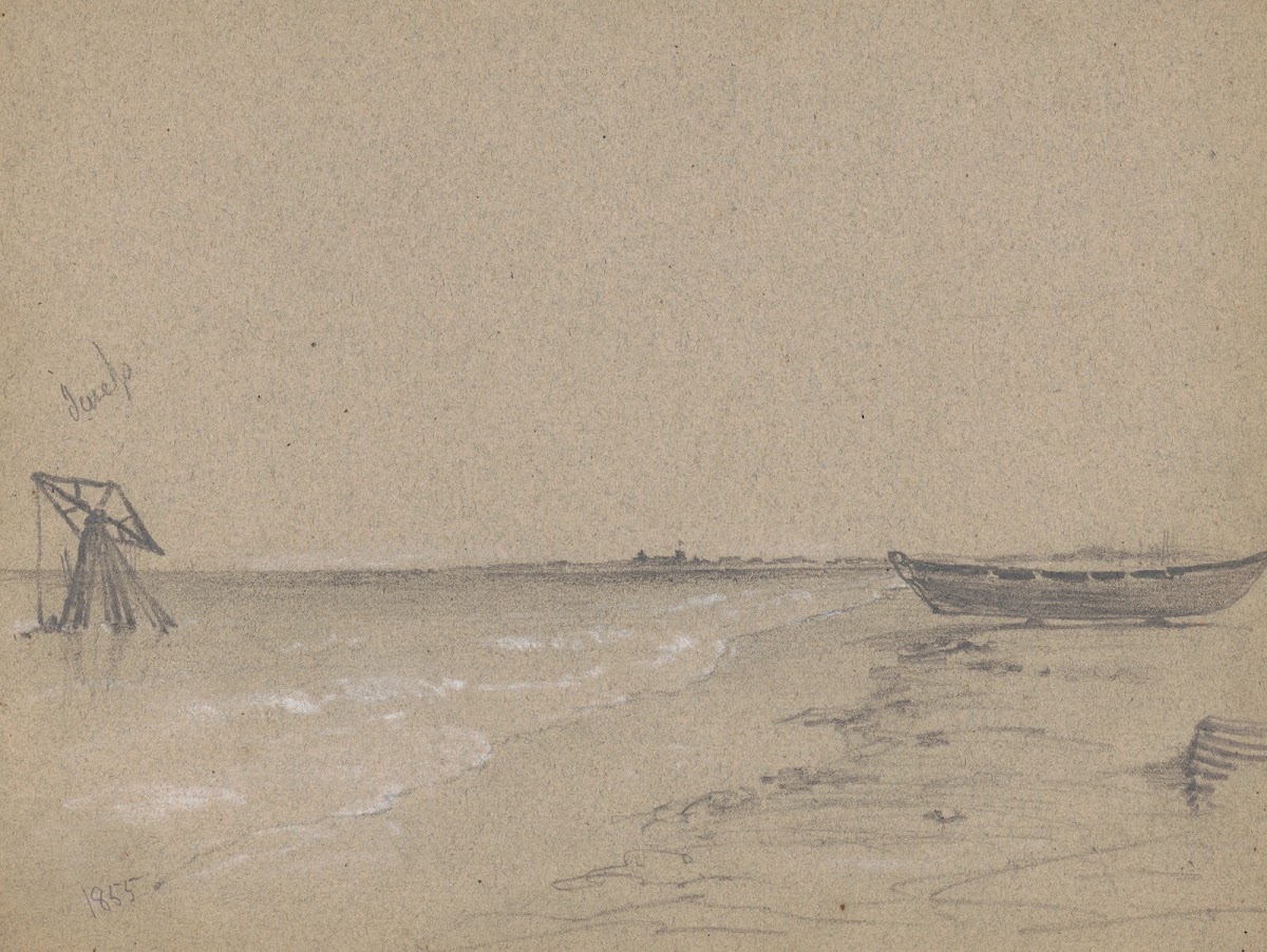 A rowboat sitting on logs on the shore of a river or bay with a derrick like dri