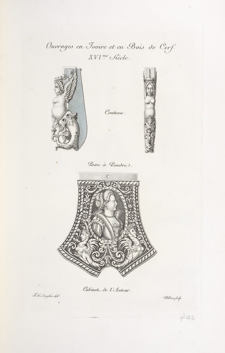 Ouvrages en ivoire et en bois de cerf XVIme siècle Couteau Poire à poudre 1839