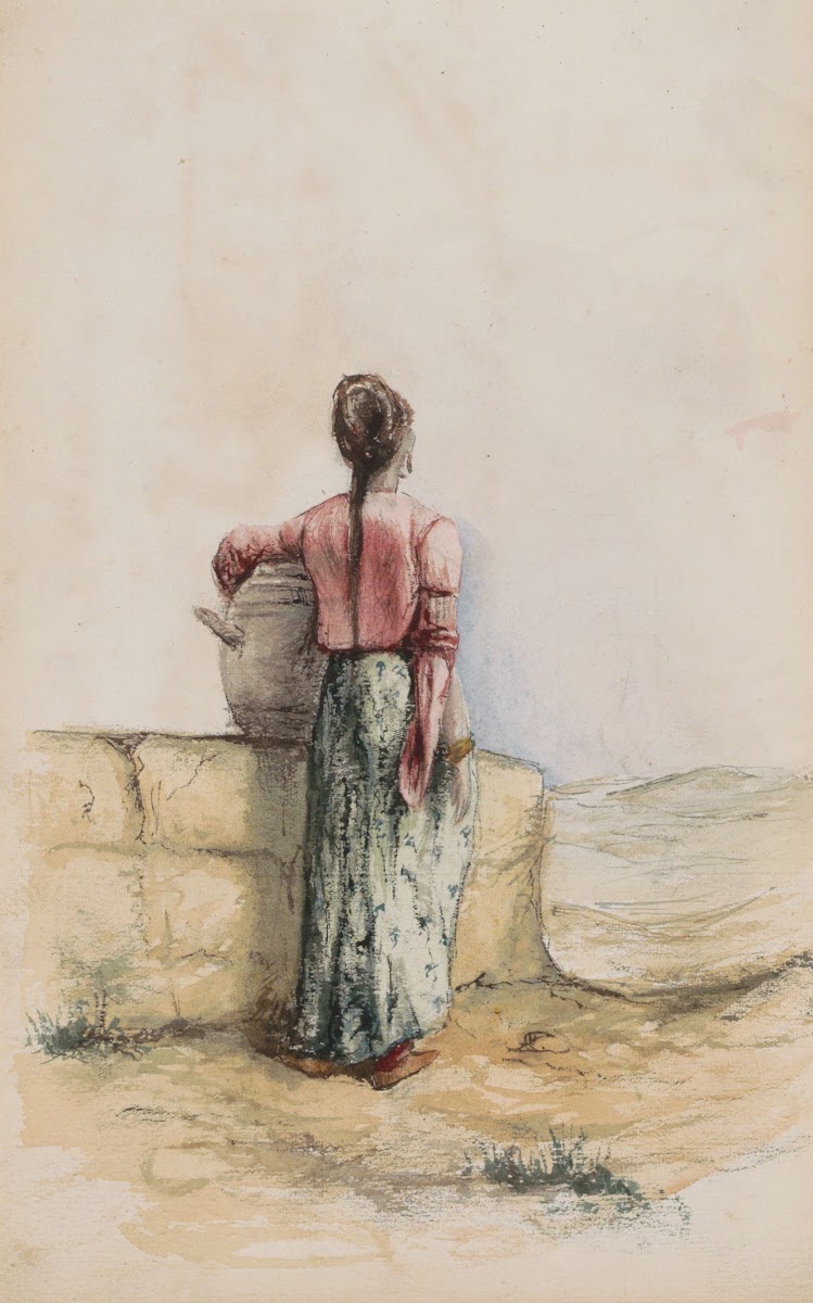 Jonge vrouw met een kruik bij een muur 1880