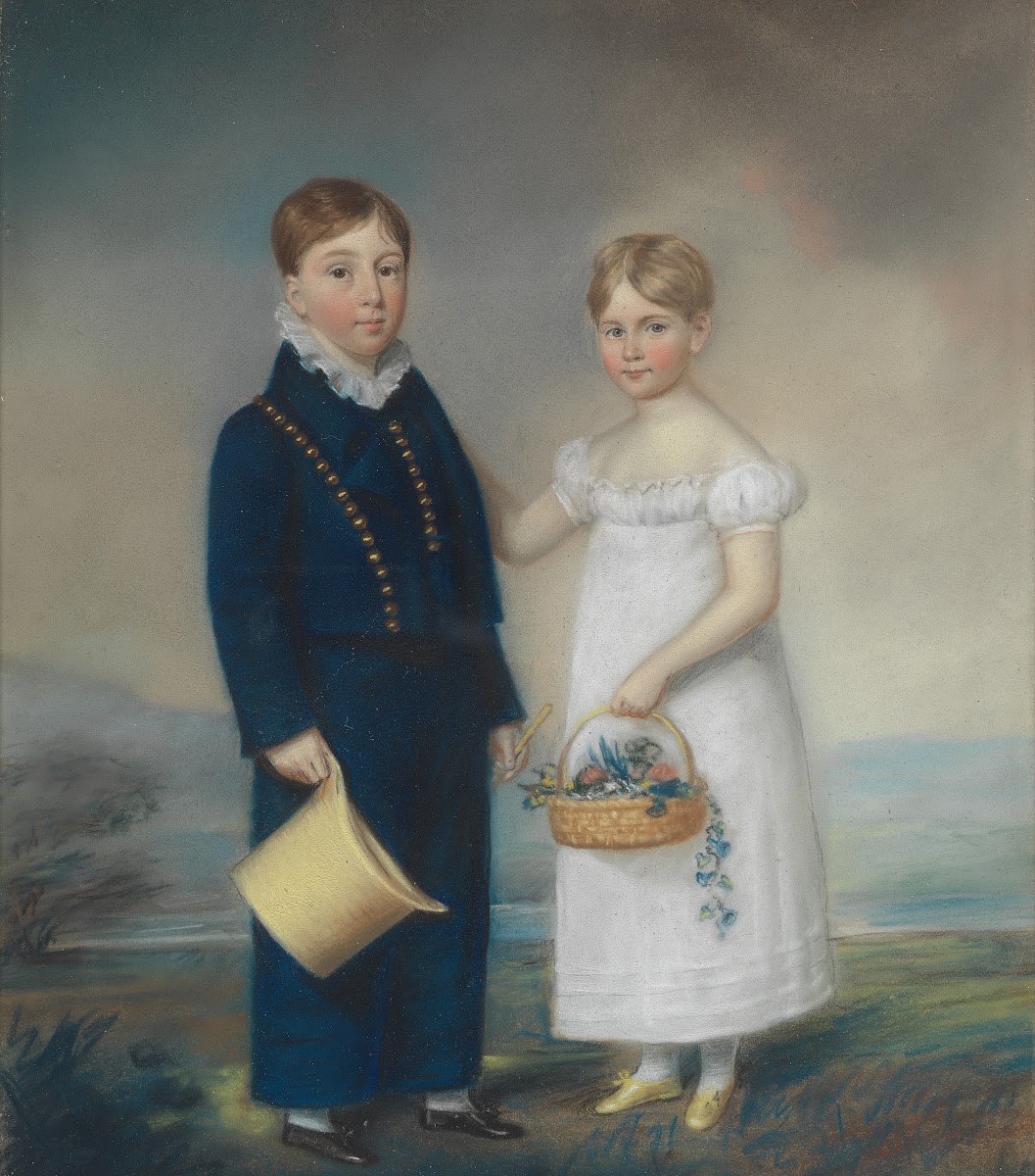Boy Holding a Hat and Girl Holding a Basket of Flowers Standing in a Landscape