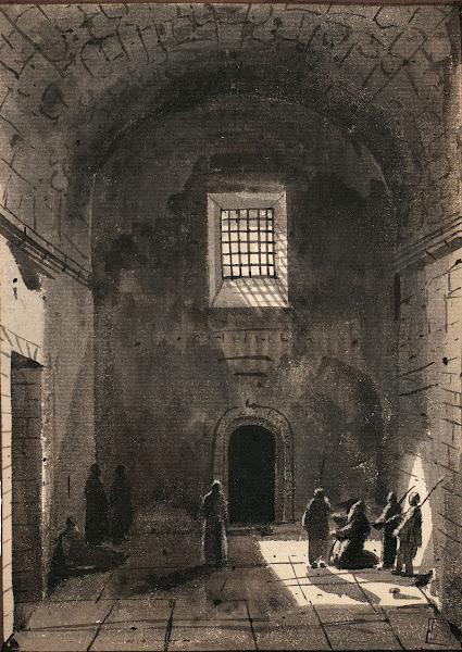Personnages dans une salle voutée éclairée par une fenêtre