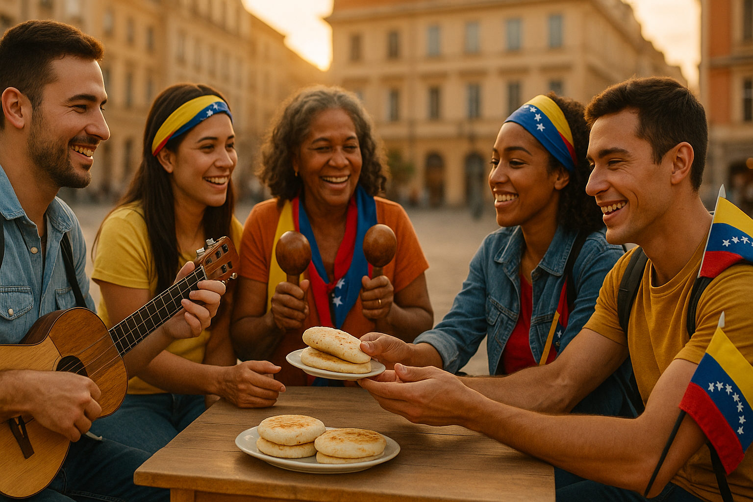 Venezolanos tocando cuatro y compartiendo arepas en una plaza europea al atardecer