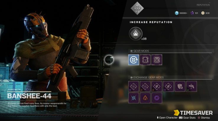 Destiny 2 Banshee-44 the Gunsmith reputation vendor screen in the Tower, source of four daily bounties that each reward an Enhancement Core