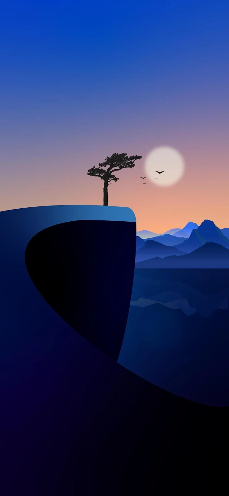 Tree Silhouette On Blue Cliff - Minimalist Digital Illustration Full HD iPhone Wallpaper (1284x2778)
