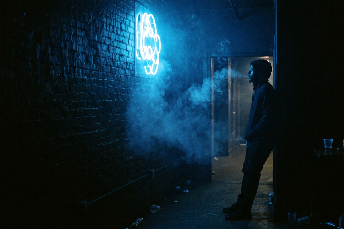 A lone hooded figure in a dark club lit by blue neon