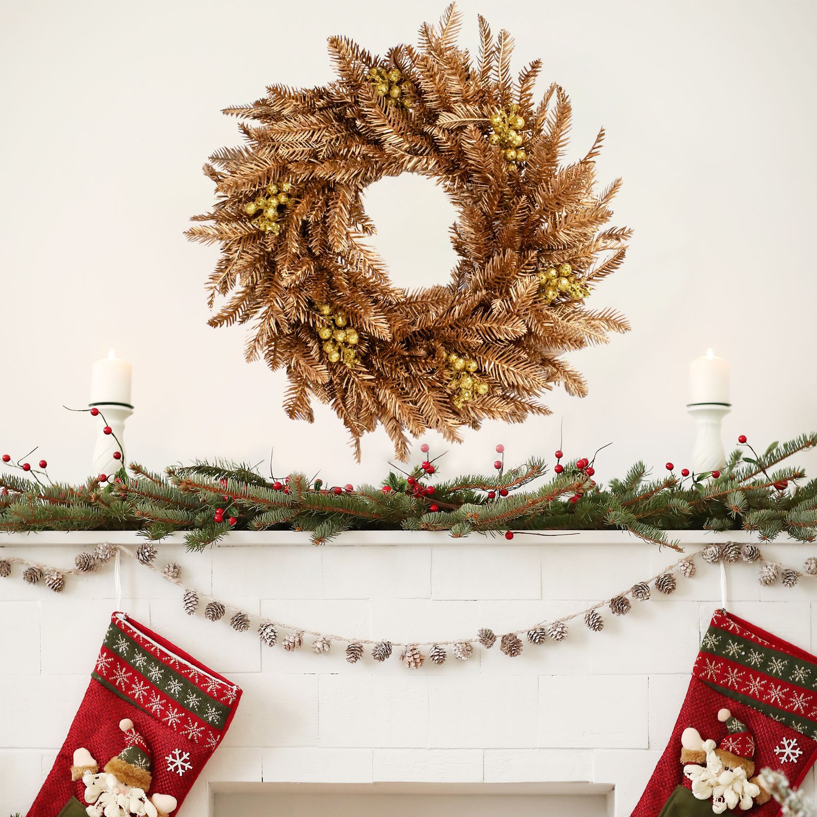 Golden Christmas Door Wreath, Artificial, Handcrafted