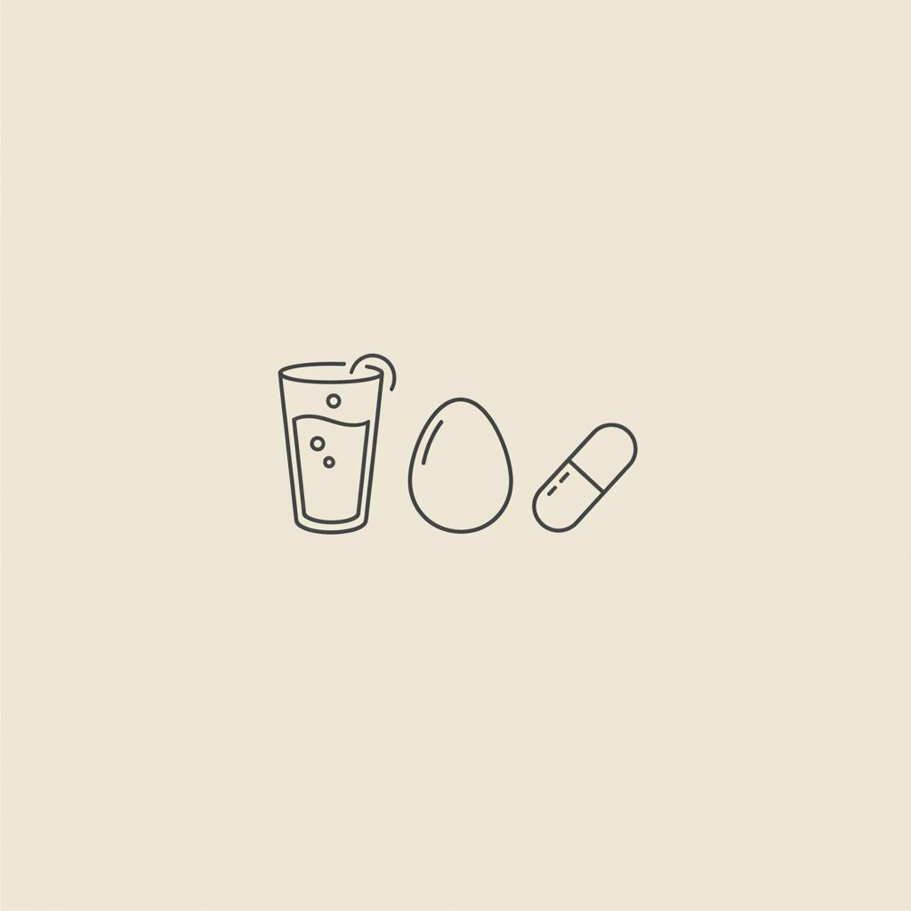 Minimalist Tonum-style line illustration of a glass of water, an egg, and a capsule on a beige background representing a 7 second morning trick routine.