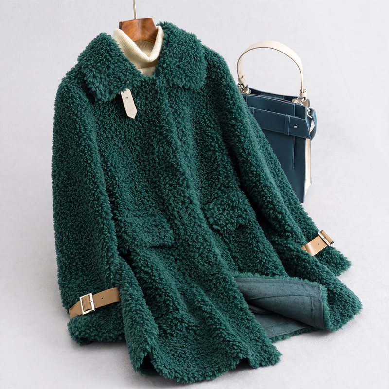 Damen-Mantel aus Lammfell-Imitat, mittellang