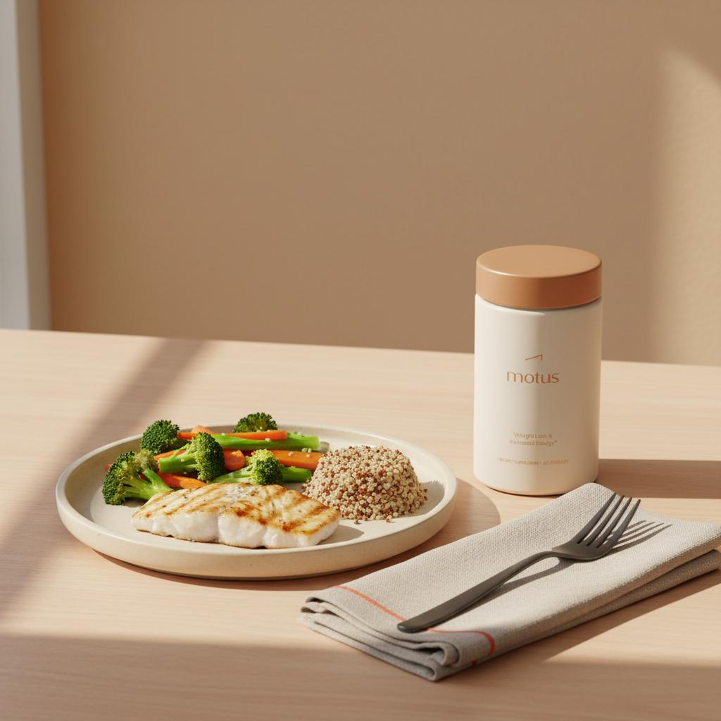 Tonum supplement jar beside plate of grilled fish, steamed vegetables and quinoa on a minimalist kitchen table illustrating alcoholic fatty liver recovery time