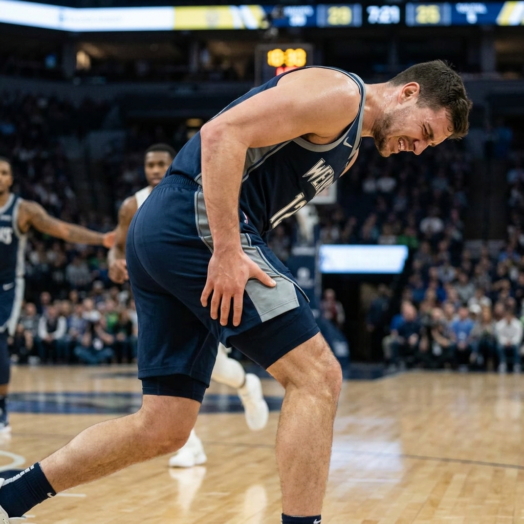 Basketball guard clutching hamstring on court during game with blurred arena background emphasizing injury area in Funded Plays dark navy minimalist style nba injuries today