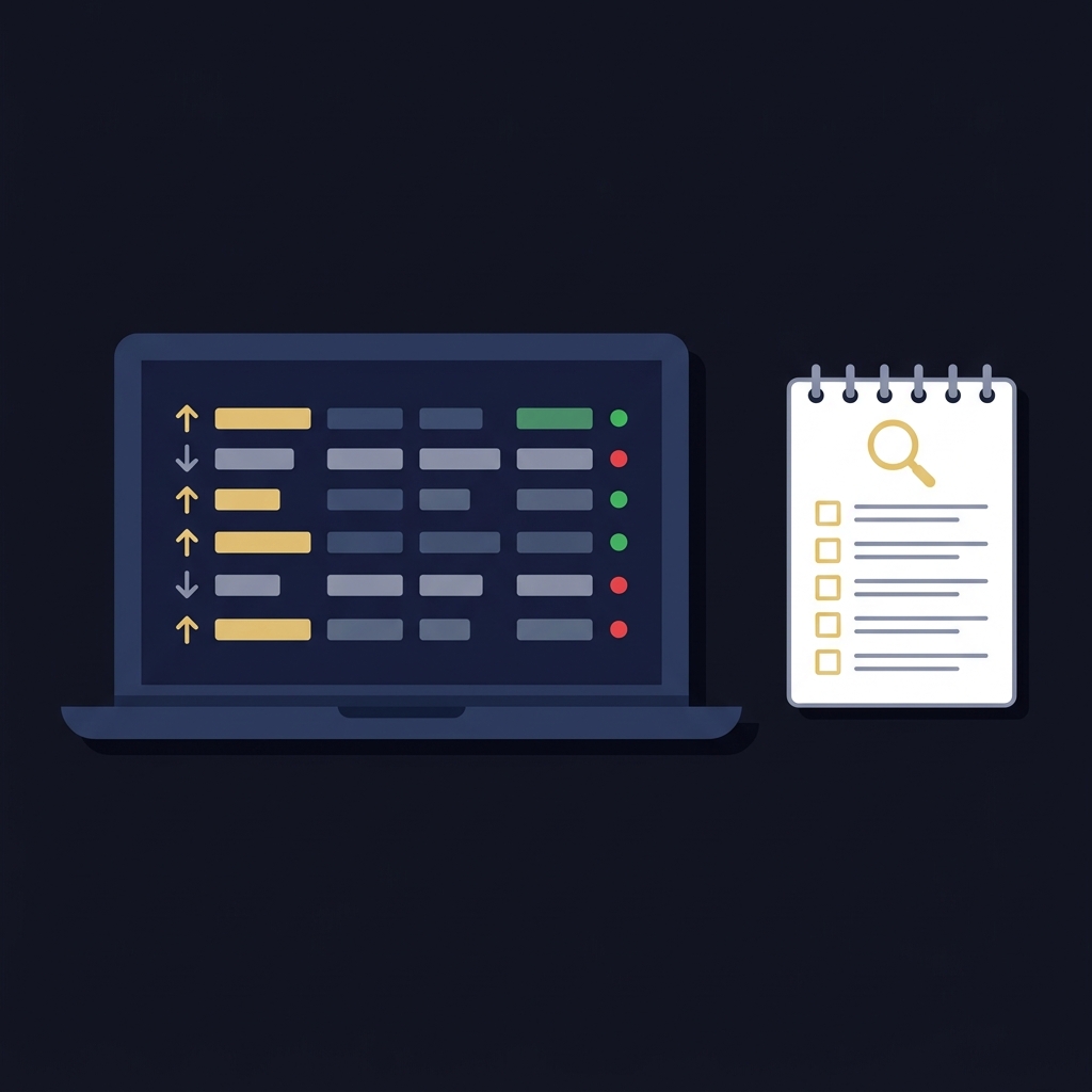 Minimal 2D vector laptop showing a mock trade log as horizontal bars beside a notepad with an audit icon representing postgame audit Building an NBA Daily Trading Routine