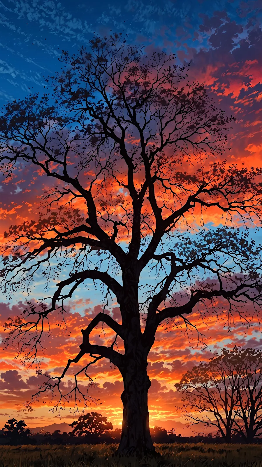 Dark Tree Under Fiery Sky - Anime Landscape Art 4K iPhone Wallpaper (2301x4096)