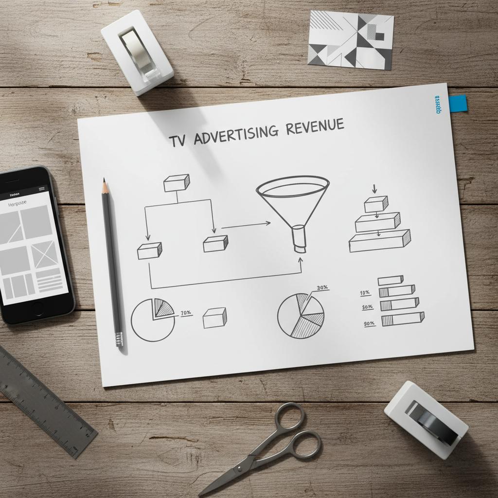 Overhead rustic workspace with notebook sketches of TV ad strategy, tools and smartphone homepage mockup &mdash; How much do ads pay on TV?