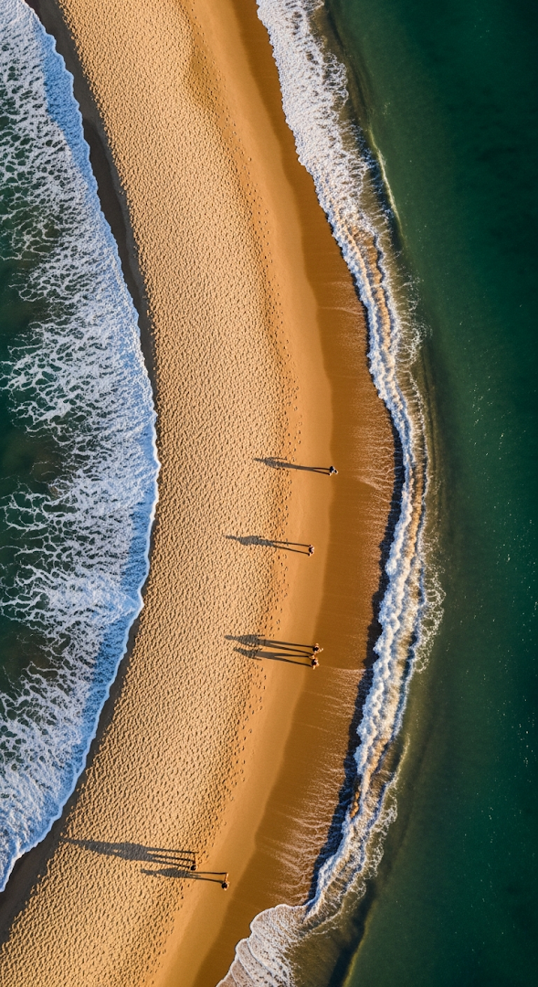 Overhead Aerial View of Beach Shoreline with Long Shadows at Sunset