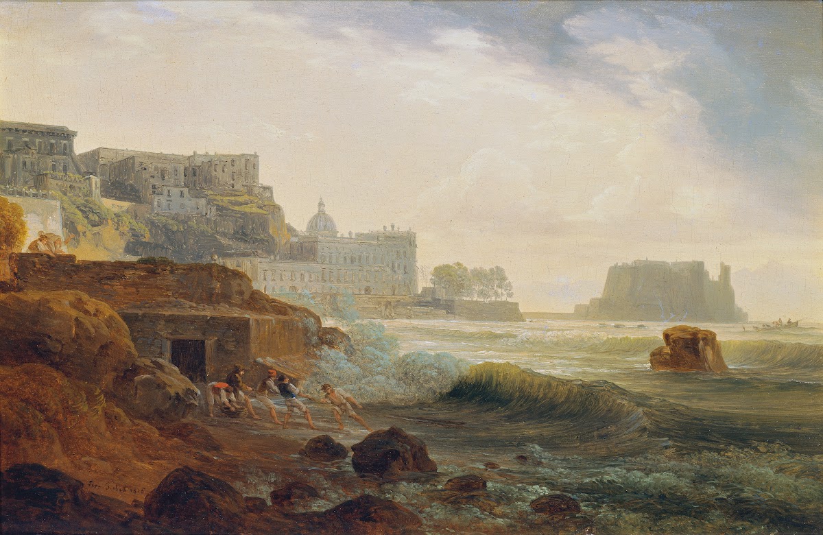 Küste bei Neapel mit Kastell und netzziehenden Fischern 1815