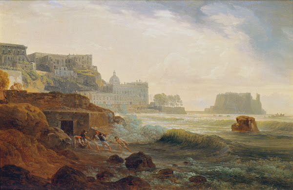 Küste bei Neapel mit Kastell und netzziehenden Fischern 1815