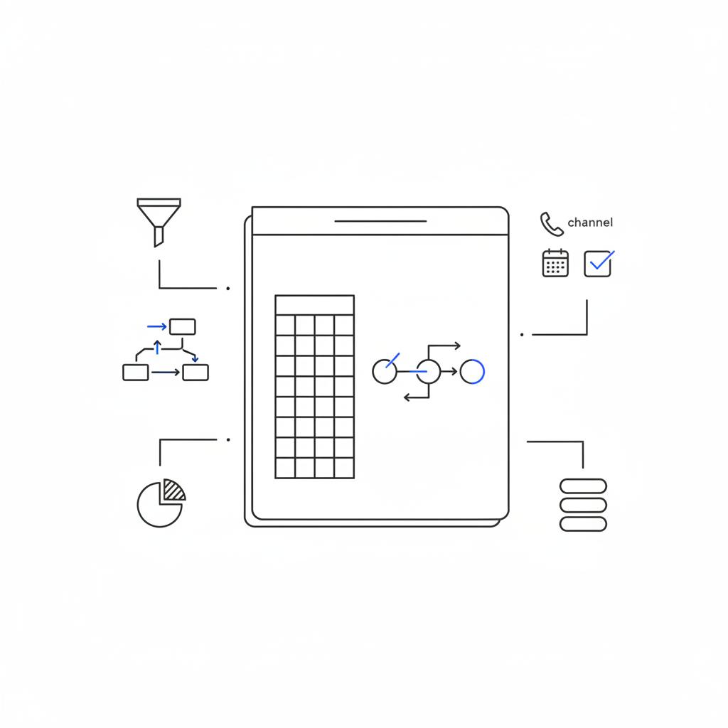 Minimal vector notepad with weekly schedule grid, phone/calendar/checklist icons and arrows mapping Lead to Book to Recurring &mdash; concept art for cleaning service leads