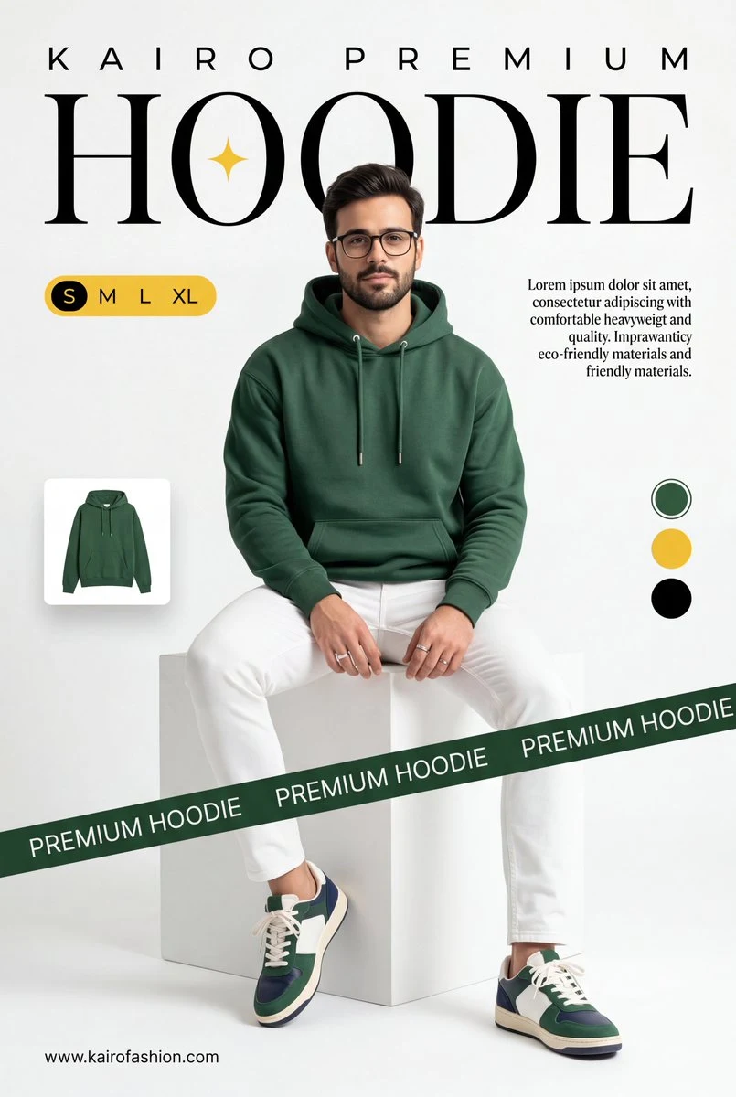 Un anuncio comercial de moda profesional que muestra a [un joven modelo masculino] sentado en la imagen subida...