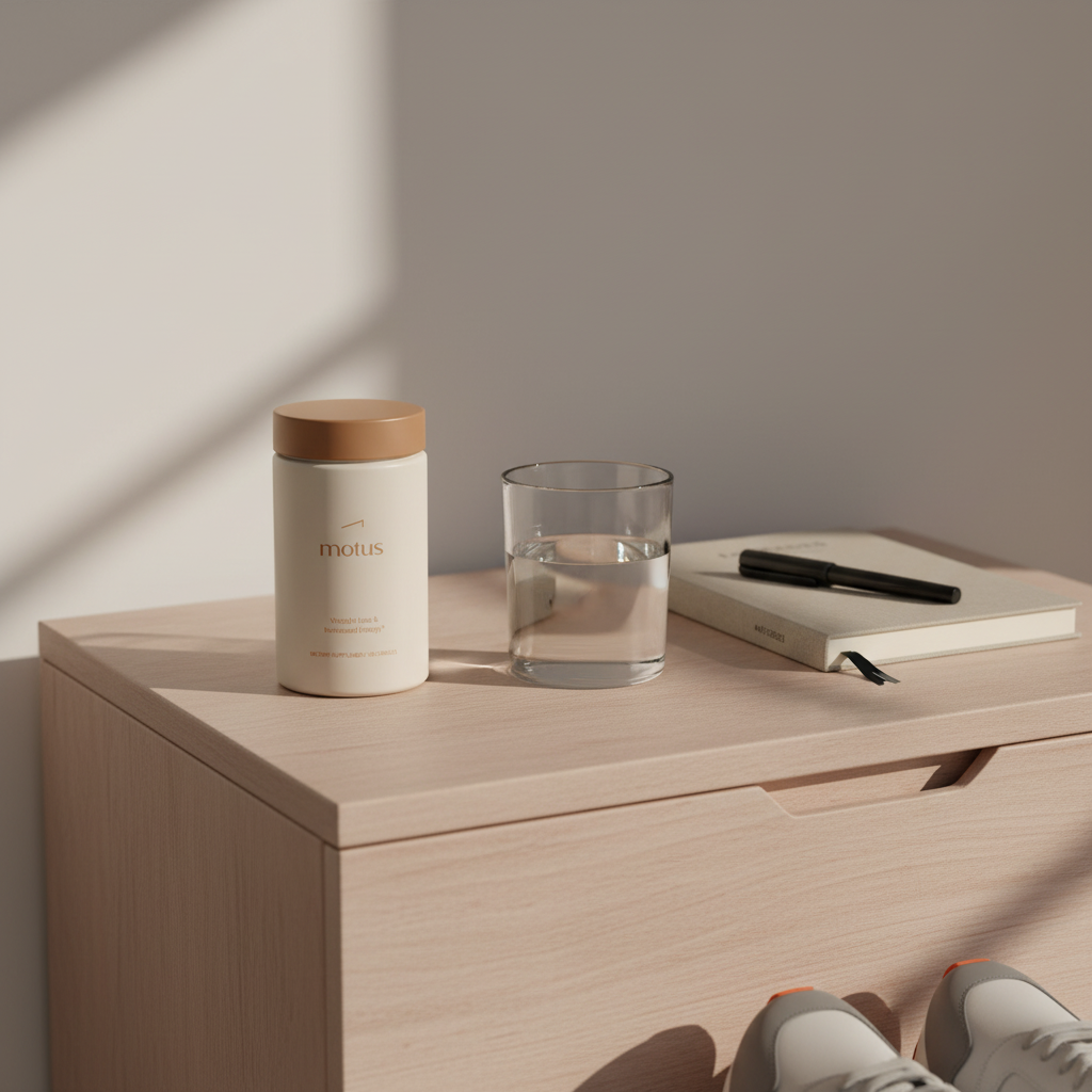 Does CLA burn belly fat — Motus supplement bottle on a wooden bedside table with a glass of water and notebook in a minimalist Tonum morning routine.