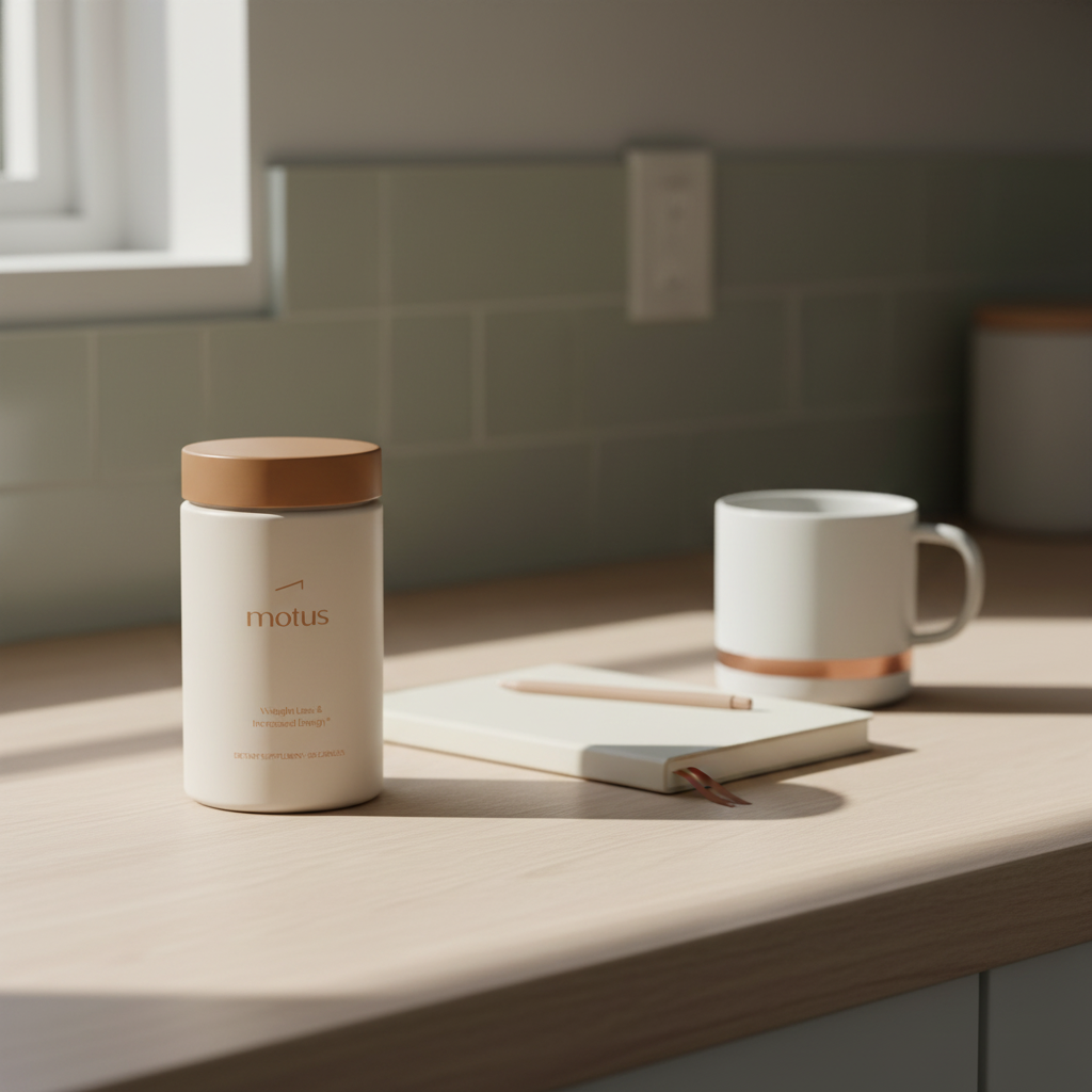 Tonum Motus supplement bottle on a light kitchen counter beside a notebook and ceramic mug, styled for weight loss gummies articles with soft morning light and Tonum brand color accents.