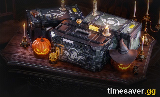 Arena Breakout: Infinite Halloween login gift art showing supply crates next to a jack-o'-lantern and witch hat