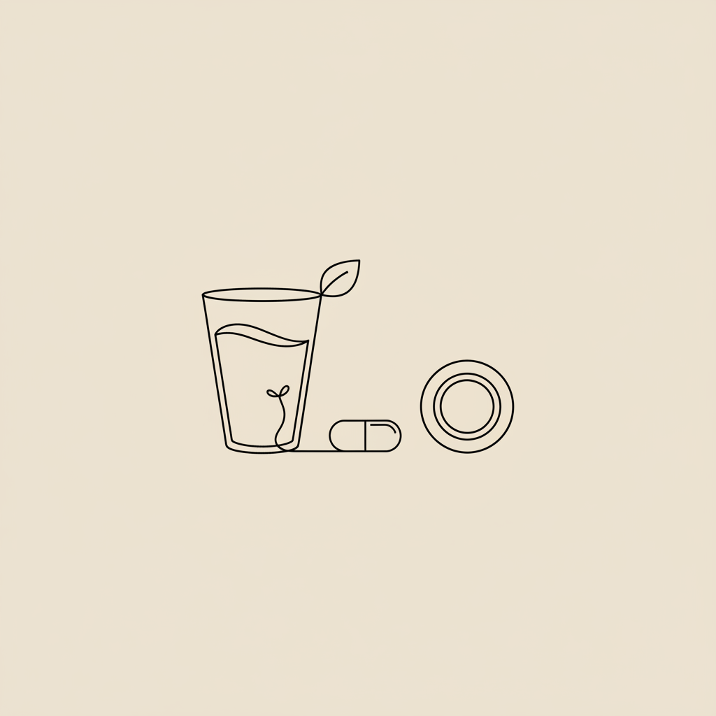 Minimal Tonum-style line illustration of a glass with shake swirl, leaf, capsule and plate on beige background — drinks to curb appetite