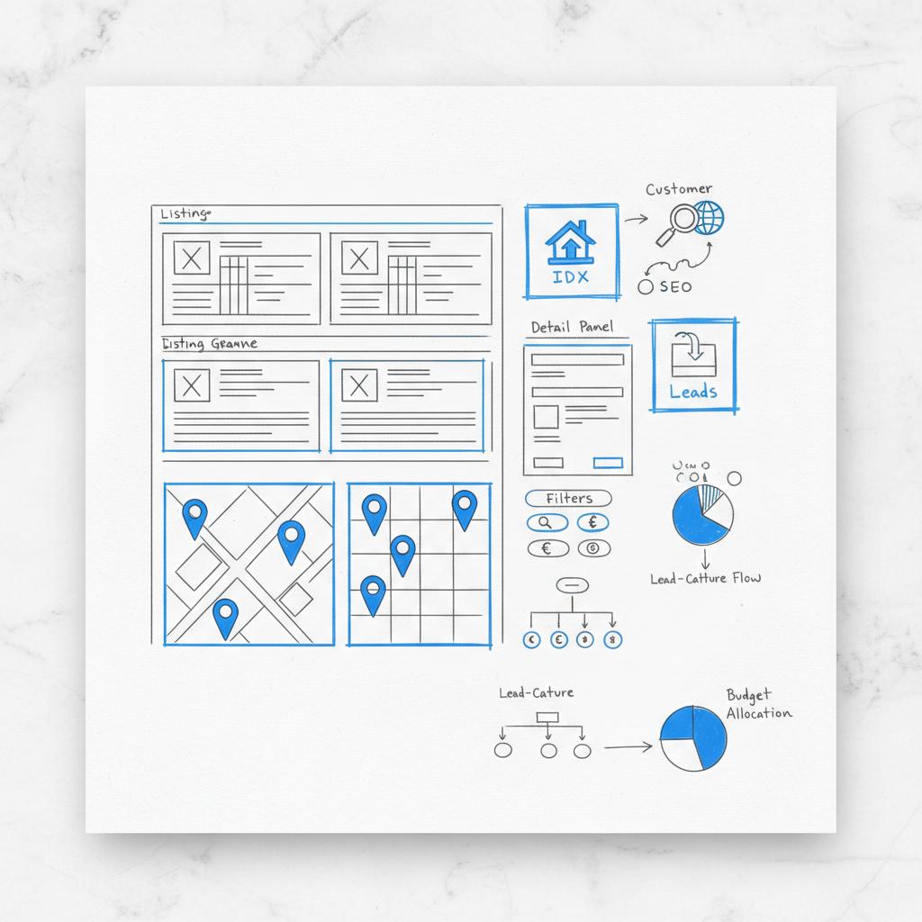 Top-down flat-lay sketch of a real estate website wireframe with listing cards, a map tile and icon-only sticky notes for IDX, SEO and leads; charcoal lines and bright blue accents &mdash; real estate website builder