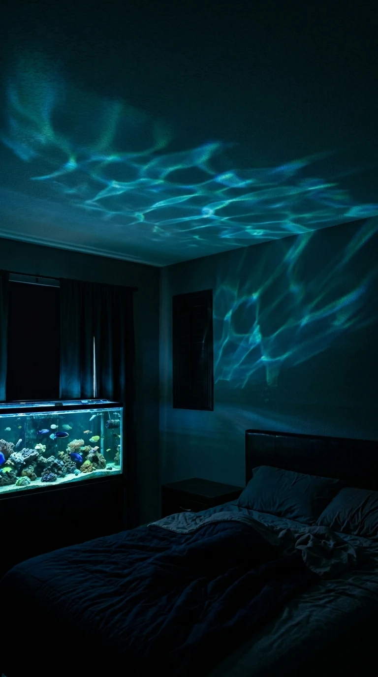 Moving Aquarium Light Reflections on Dark Bedroom Ceiling - Free 4K mobile Wallpaper