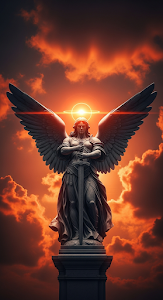 Dramatic Gothic Angel Statue with Sword Against a Fiery Red Celestial Sky