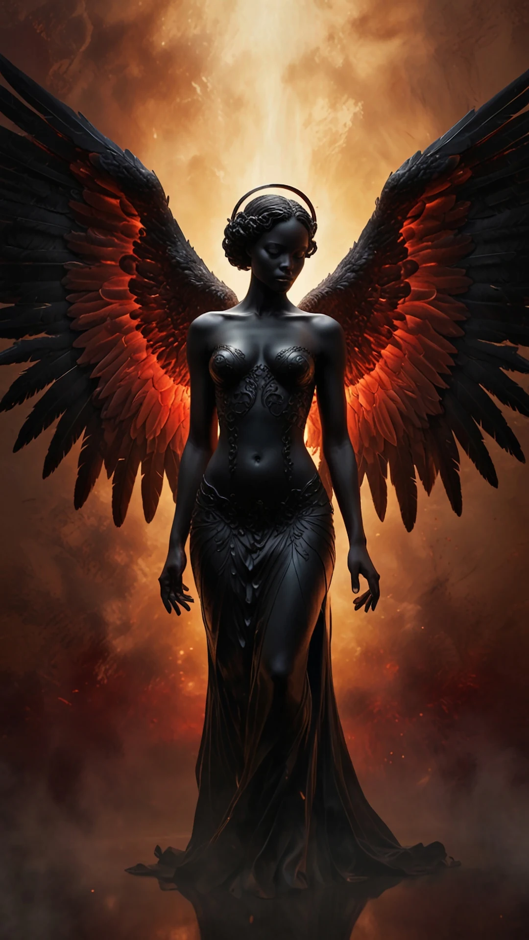 Majestic Dark Angel with Fiery Wings Against Hellish Sky - Free 4K mobile Wallpaper