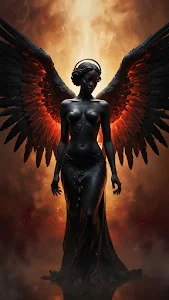Majestic Dark Angel with Fiery Wings Against Hellish Sky