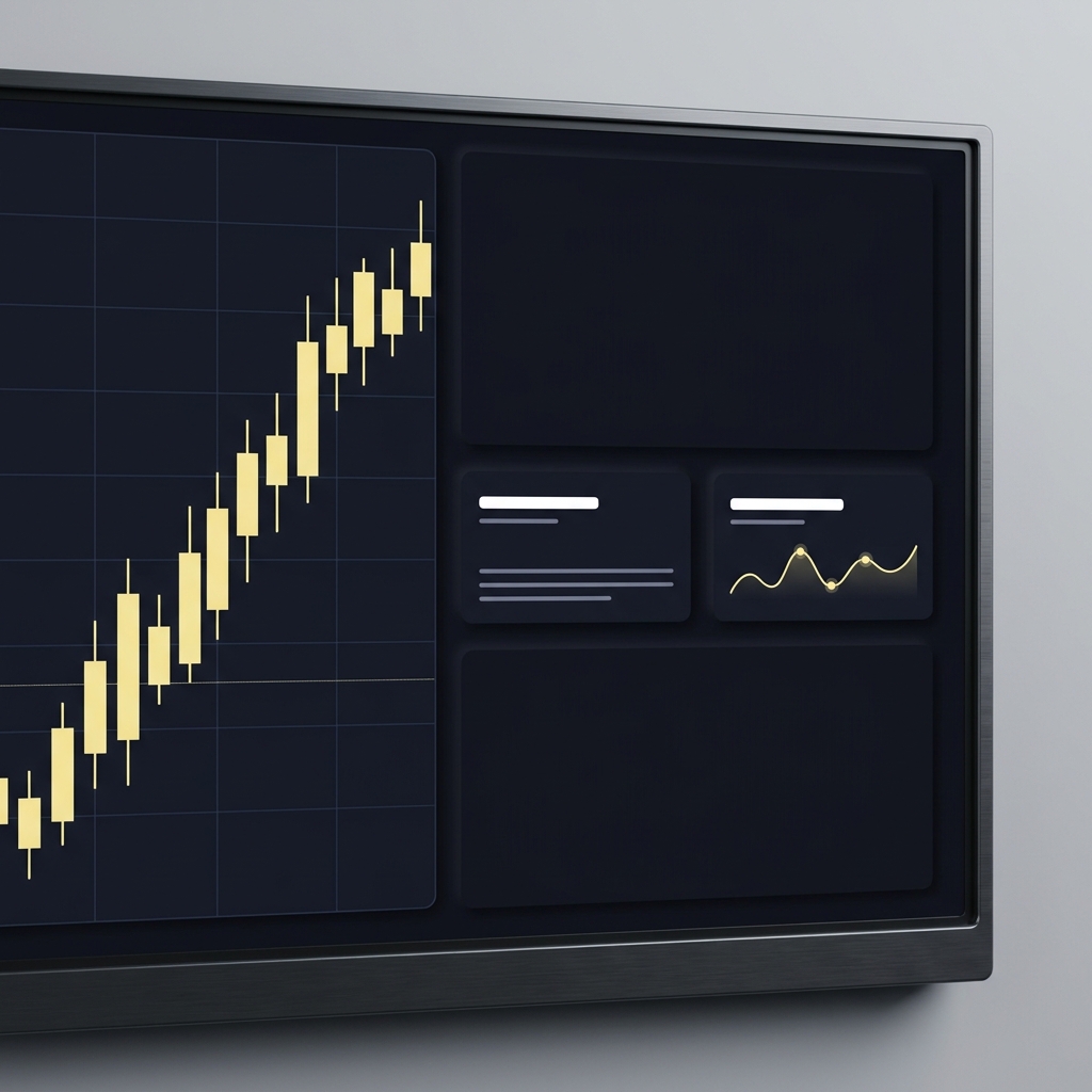 Minimalist Funded Plays style trading dashboard with an upward candlestick chart and compact metric widgets in brand colors bulls prediction