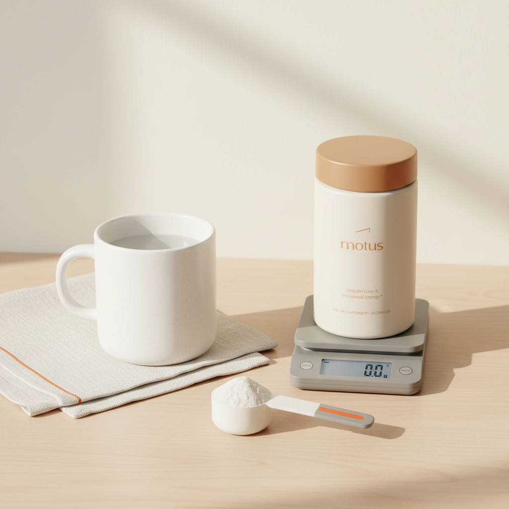 Minimalist countertop with Tonum Motus container beside a kitchen scale, white mug of water and a measuring scoop of powder — which protein powder has the fewest calories?
