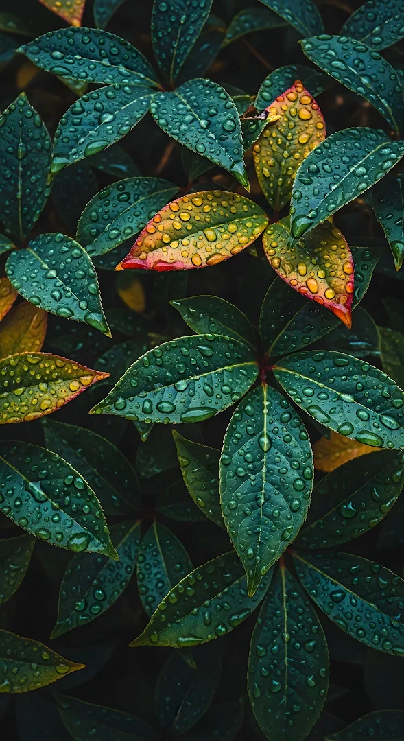 Macro View of Dark Green Leaves Covered in Raindrops