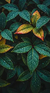 Macro View of Dark Green Leaves Covered in Raindrops