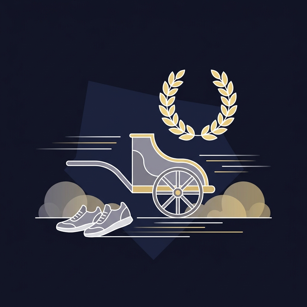 Minimal 2D vector chariot and running shoes in Funded Plays palette on dark background evoking historic races without people 1bettor sports