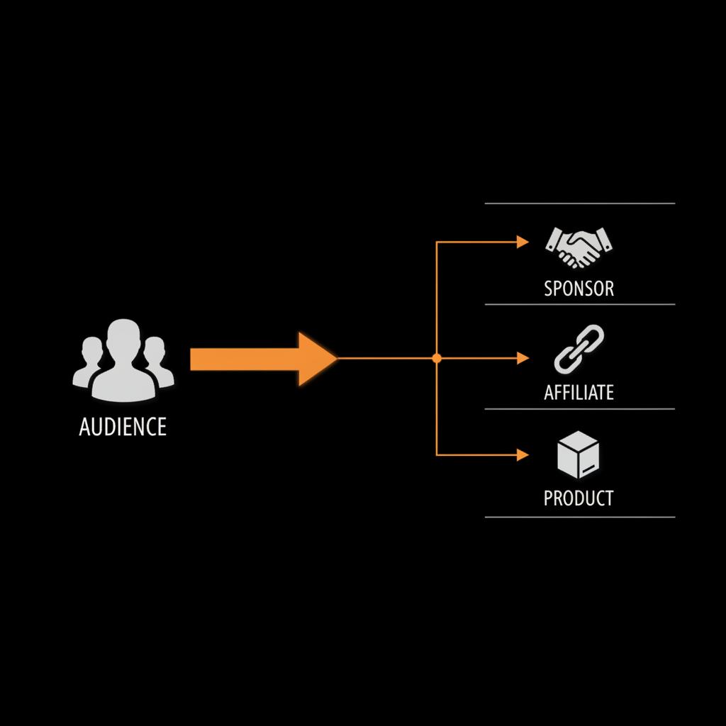 Minimal full-frame infographic flowchart from audience to sponsor, affiliate and product using Social Success Hub colors (black bg, #dddddd icons, #edf1e9 text, #dc5c2b accents). How many followers on Instagram to get money?