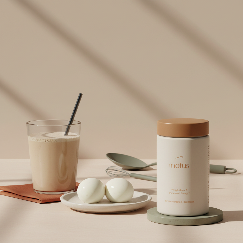 Tonum Motus bottle beside a protein shake and plate with two boiled eggs on a beige counter, minimalist scene illustrating the 30/30/30 rule for fat loss