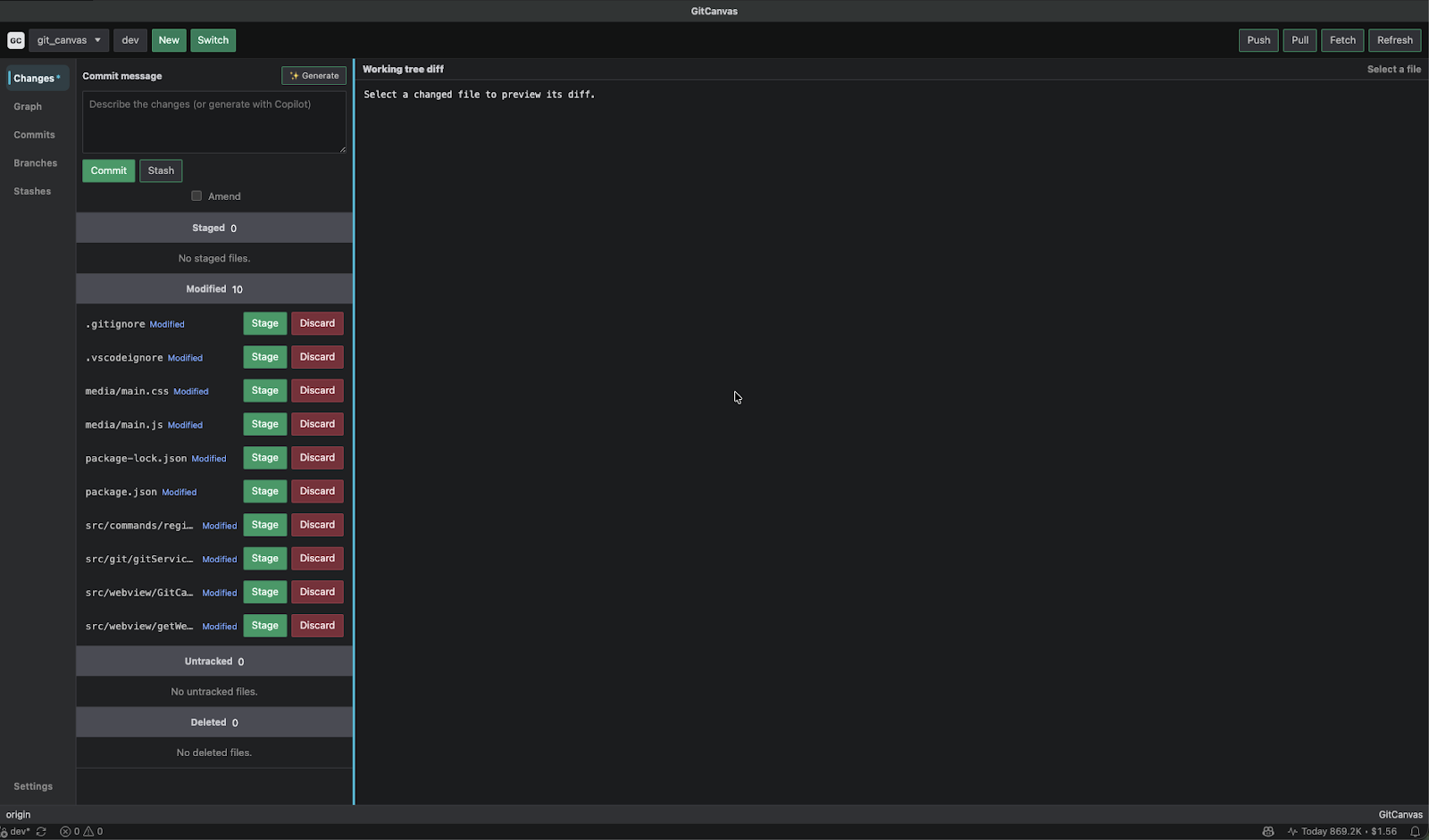 GitCanvas changes view with commit message input, Copilot generation, modified files, stage controls, and diff preview