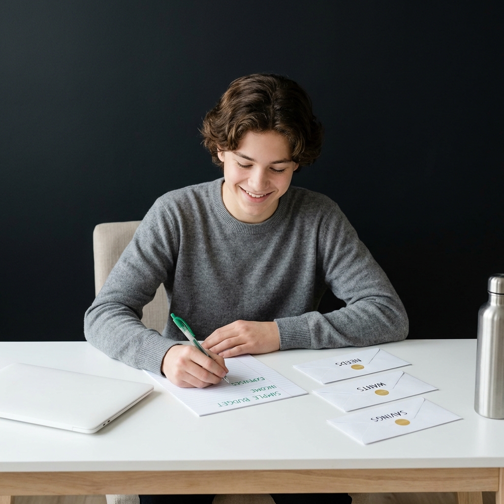 Teen writing a simple budget with labeled envelopes needs wants and savings showing how to start investing as a teenager in a minimalist Finance Police color scheme