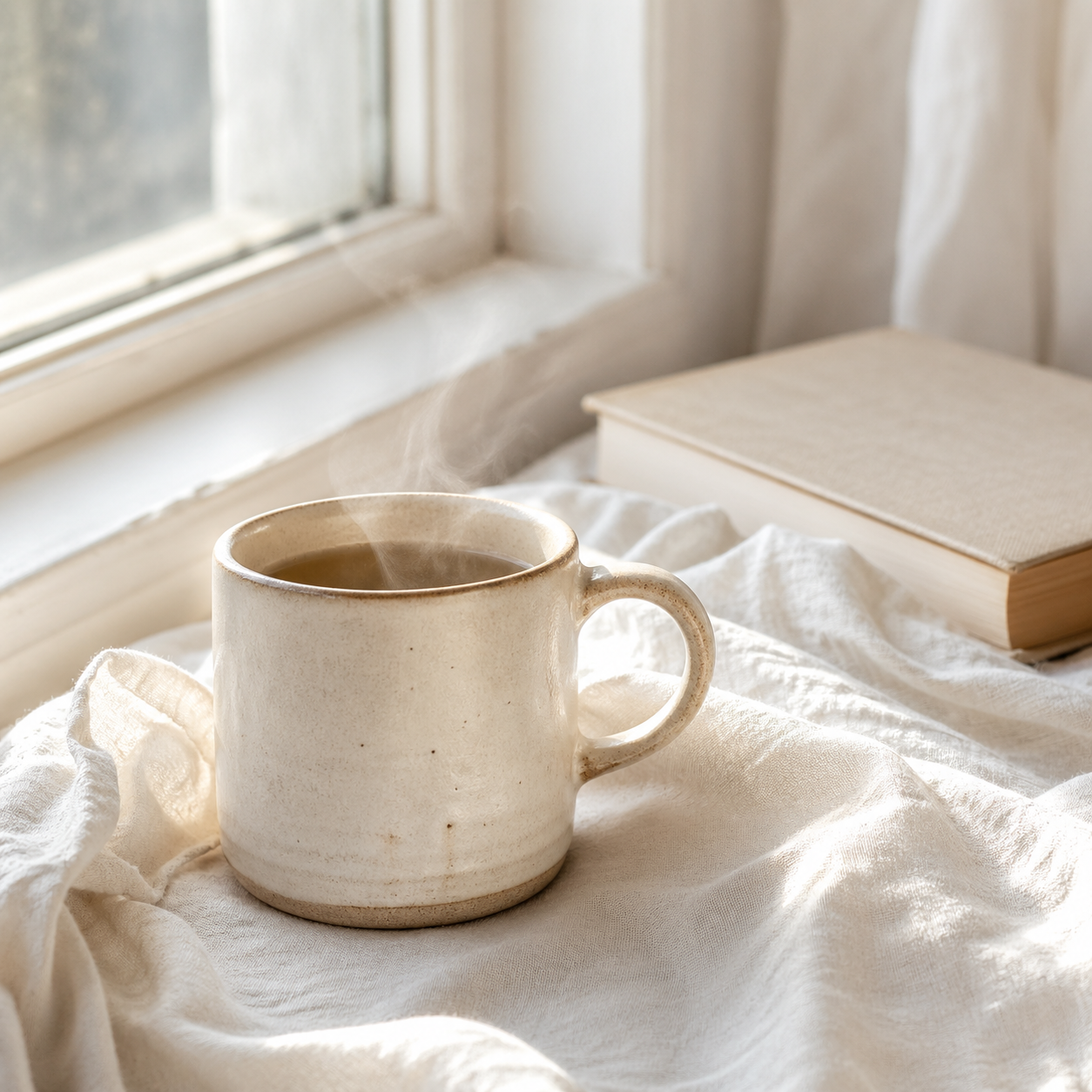 A steaming ceramic mug beside a closed book on white linen by a bright morning window