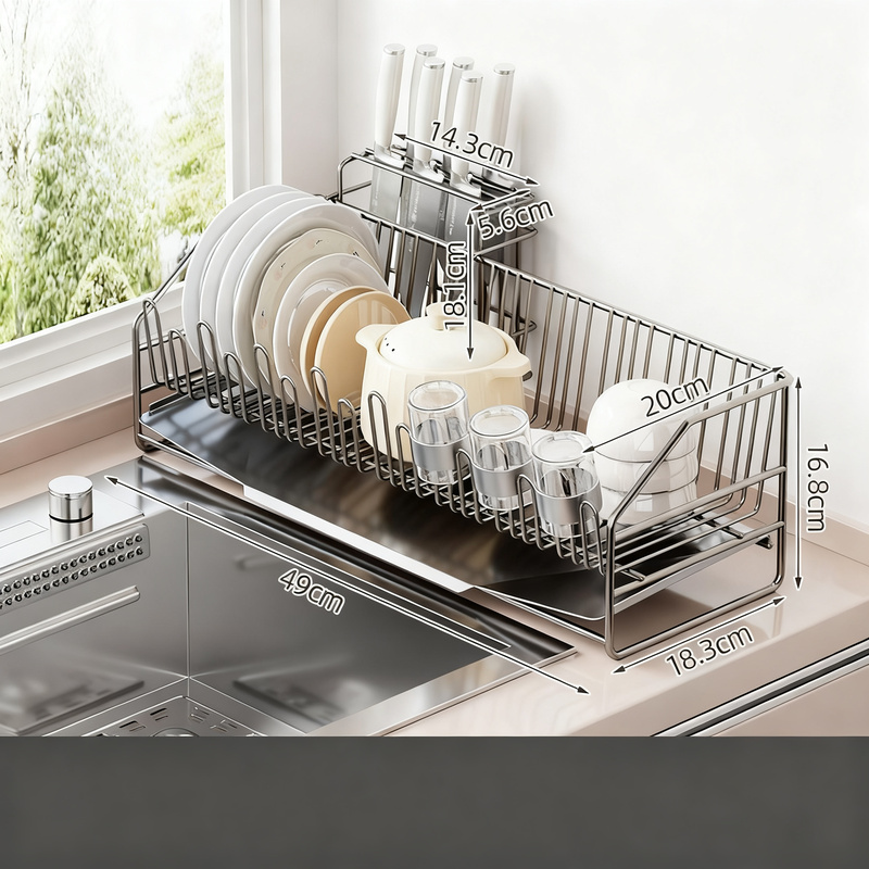Dish rack with draining tray, expandable, steel frame