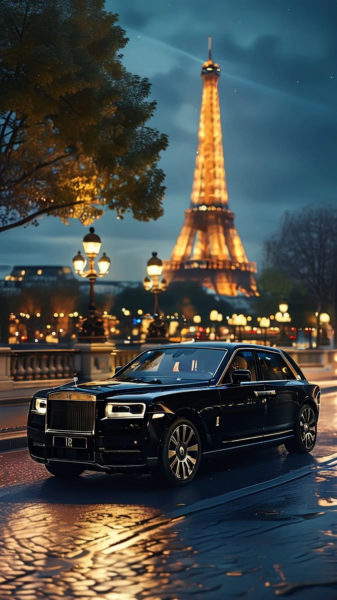 Black Luxury Sedan in Paris with Illuminated Eiffel Tower - Free 4K mobile Wallpaper