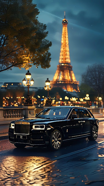 Black Luxury Sedan in Paris with Illuminated Eiffel Tower - Free mobile Wallpaper