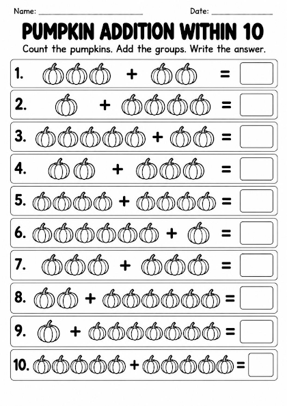 Pumpkin Addition Within 10 Worksheet