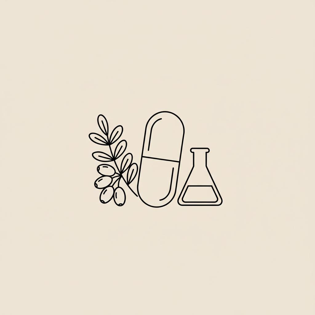 Minimal Tonum-style vector line illustration of a capsule, simplified barberry branch and small lab beaker on beige background representing berberine weight loss
