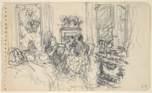 Women Conversing in a Salon with Open Windows and aFireplace ca1915