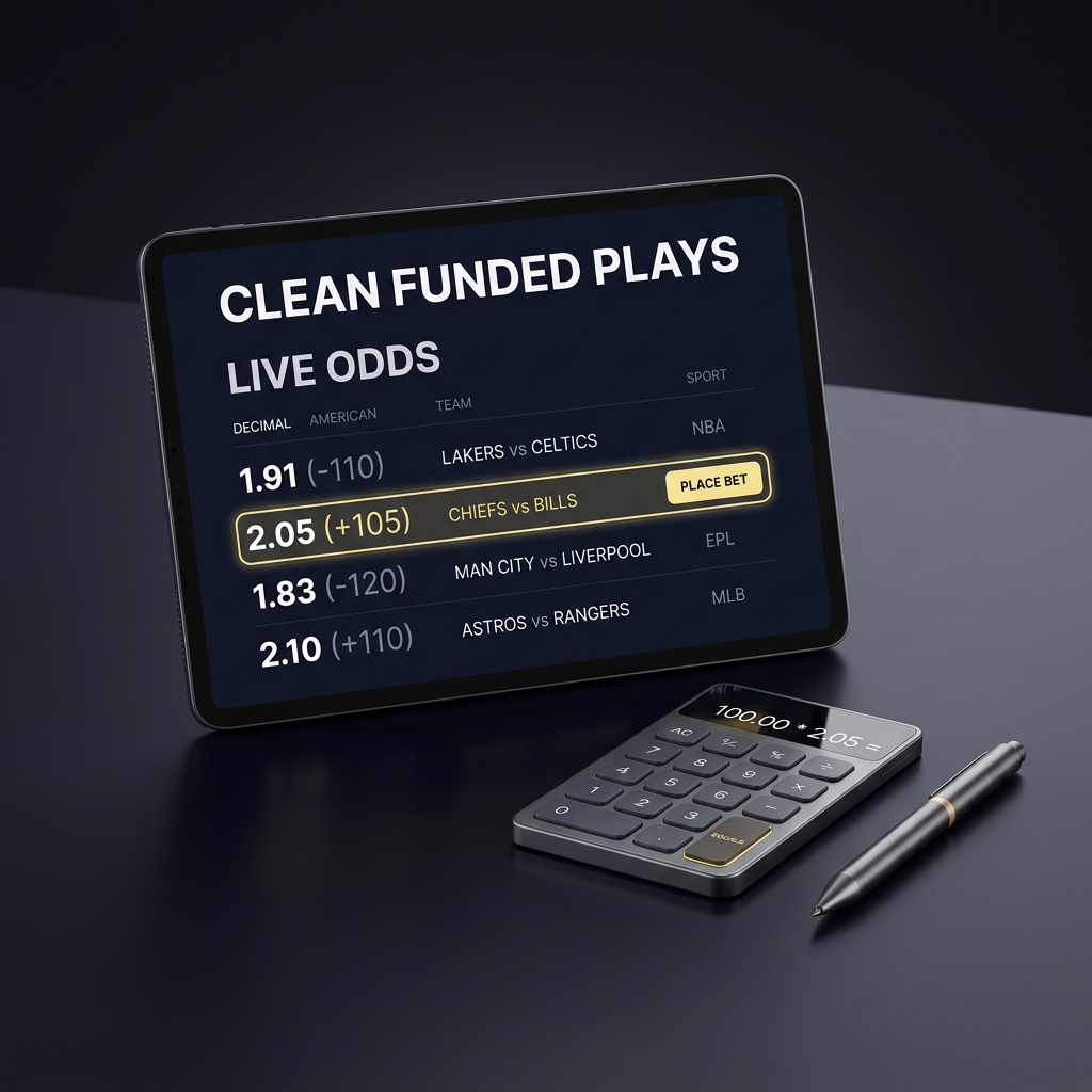 Close up of decimal fractional and moneyline odds on a digital screen beside a calculator and pen representing a wager calculator in Funded Plays minimalist brand aesthetic